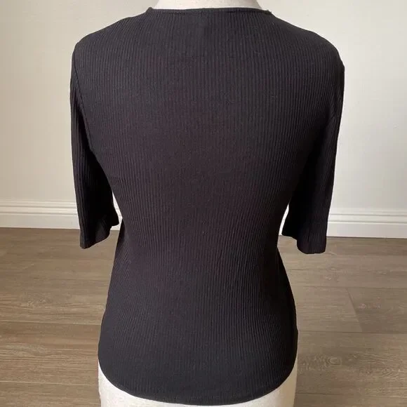 Topshop Black Ribbed 3/4 Sleeve Top w Lace-up Details Nordstrom - Picture 2 of 3